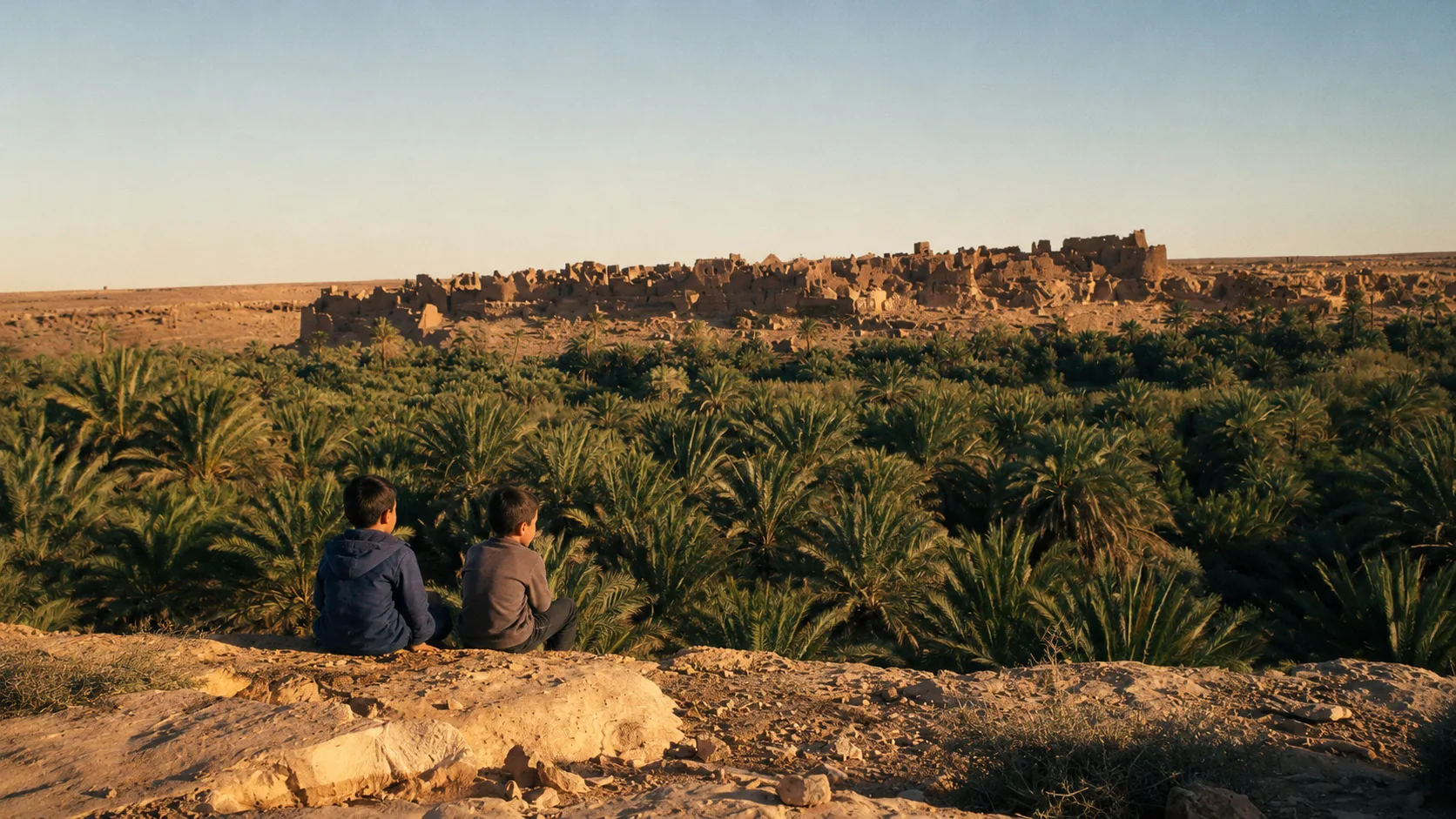 Two boys sitting above the palm grove facing Ksar Meski