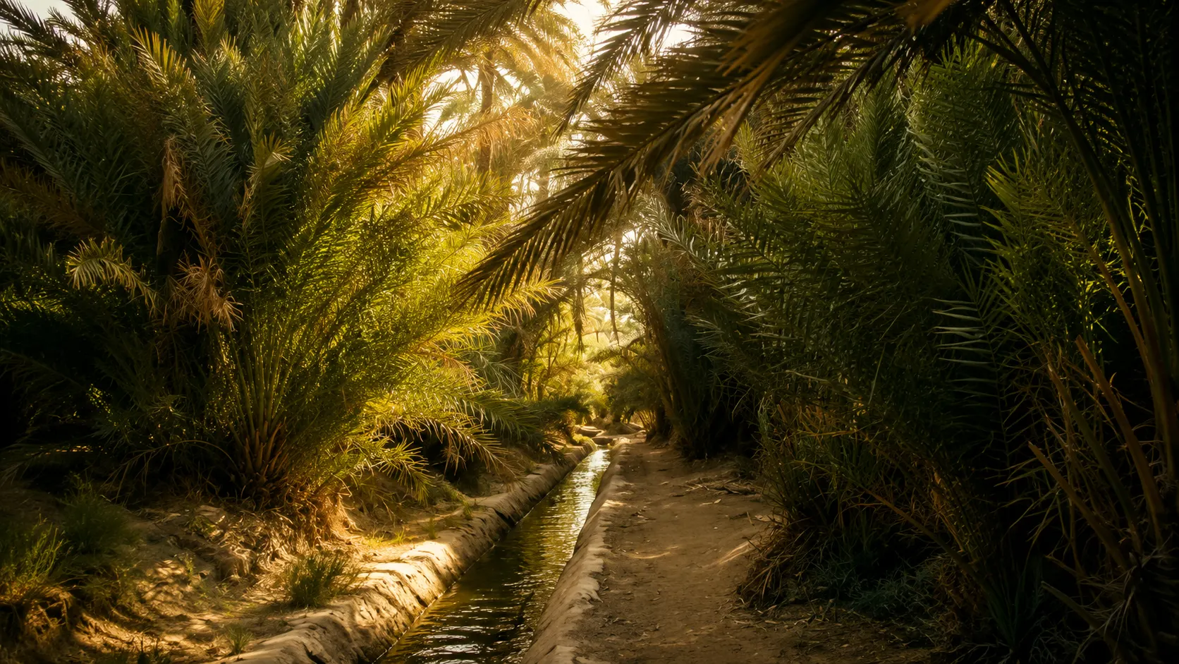 A narrow oasis path following an irrigation stream beneath palms