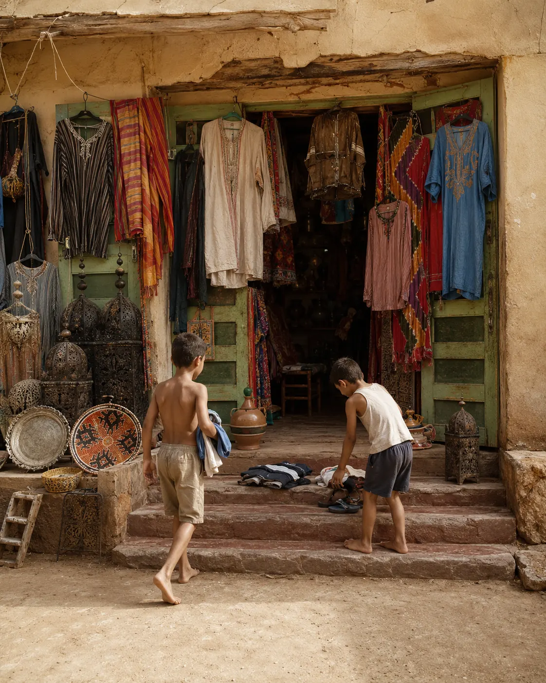 Two boys leaving clothes at a traditional souvenir hanout
