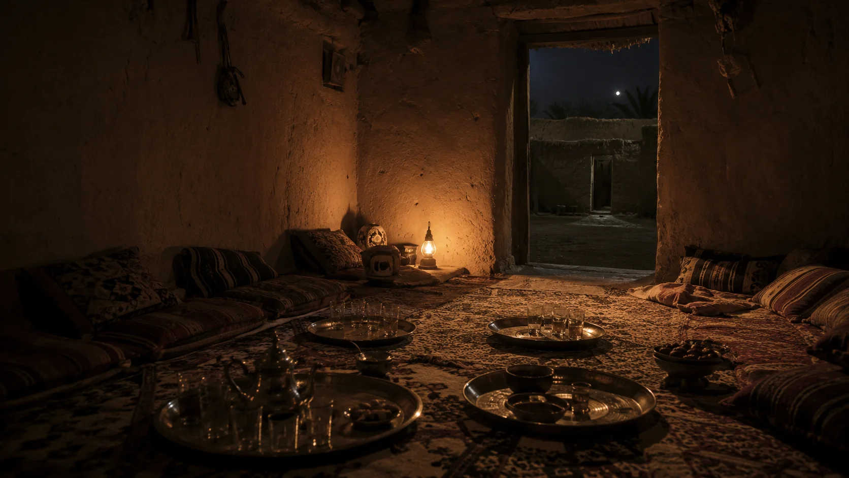 A quiet traditional salon after the guests have left, lit by a petroleum lamp