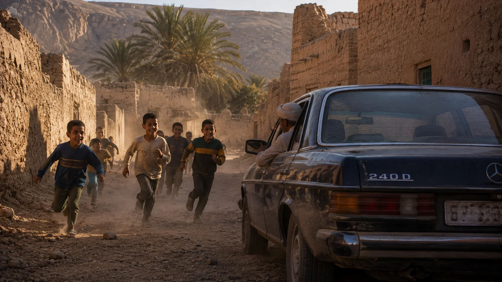 Children running toward a rare car arrival