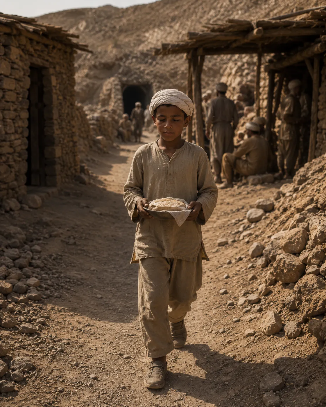 Historical reconstruction of the narrator's father as a boy carrying a simple meal to his father near the mine