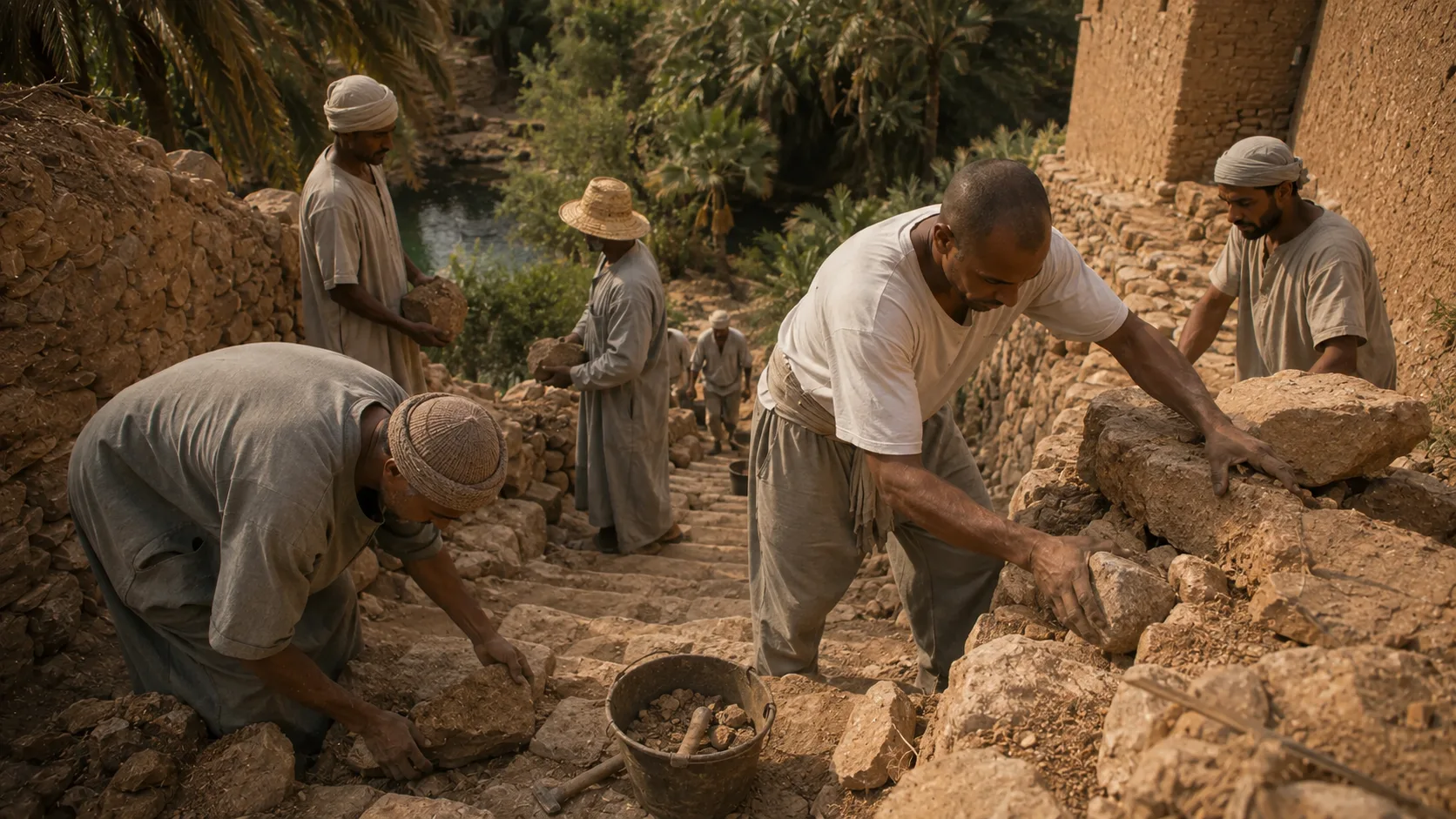 Historical reconstruction of Mohamed ben Touhami working with other villagers to consolidate the steps to the Blue Spring