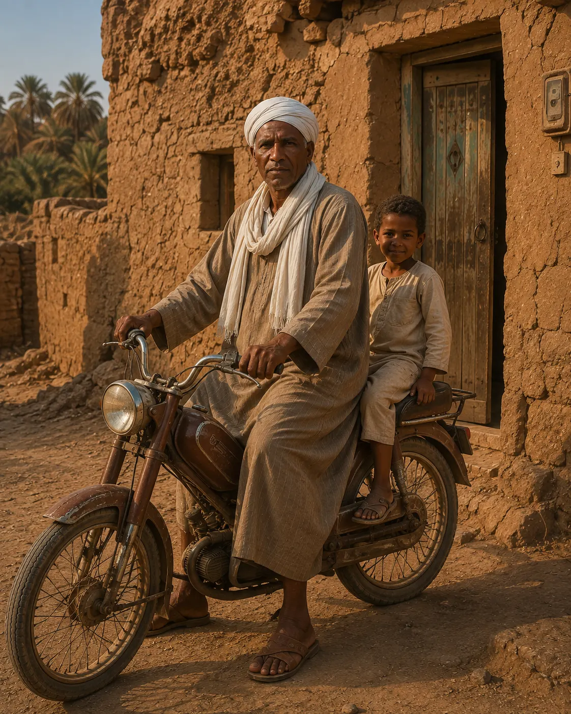 Historical reconstruction of Mohamed ben Touhami on his old brown moped with a grandchild seated behind him