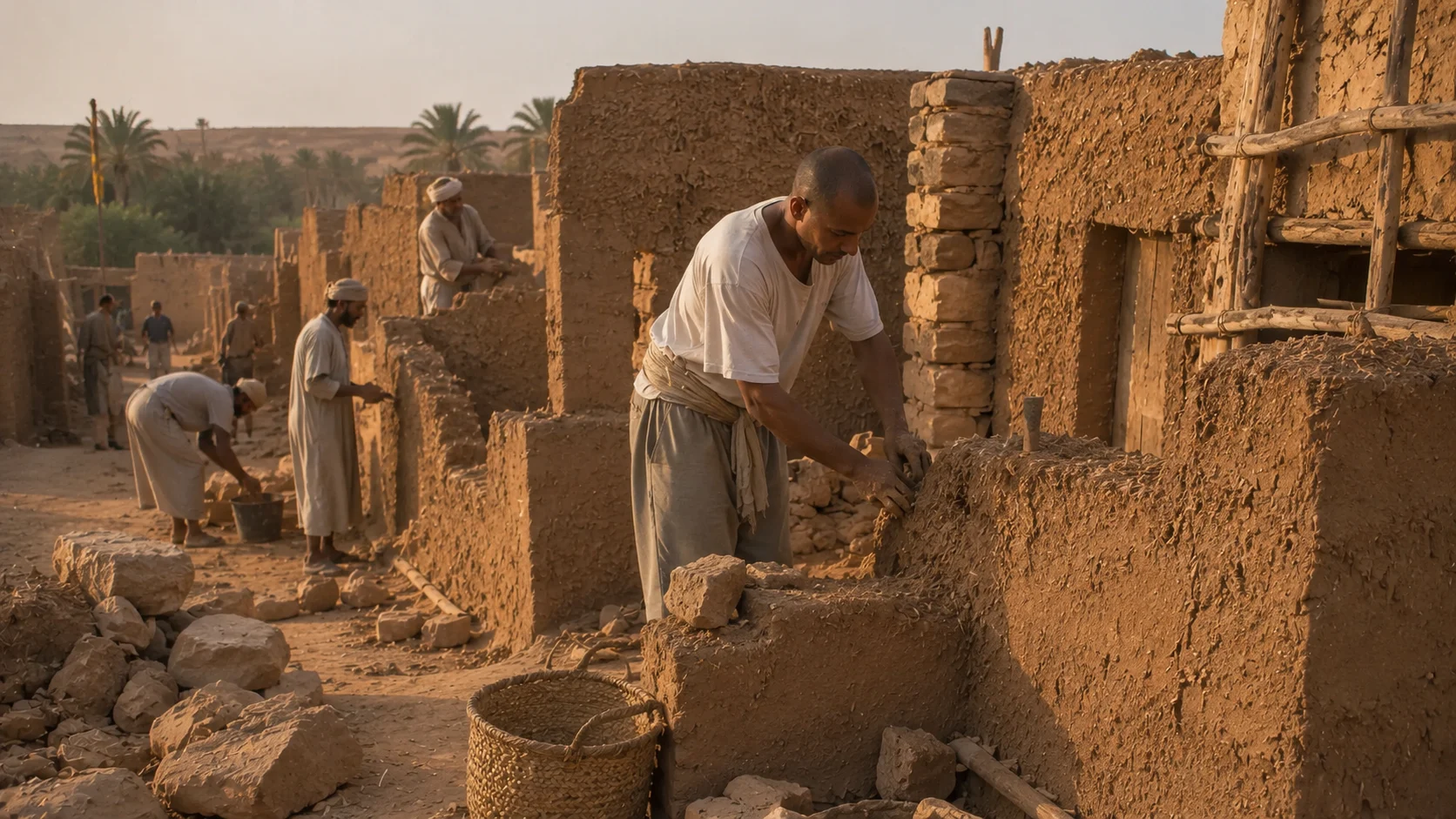 Historical reconstruction of Mohamed ben Touhami helping build the family house during the move to the new Ksar Meski