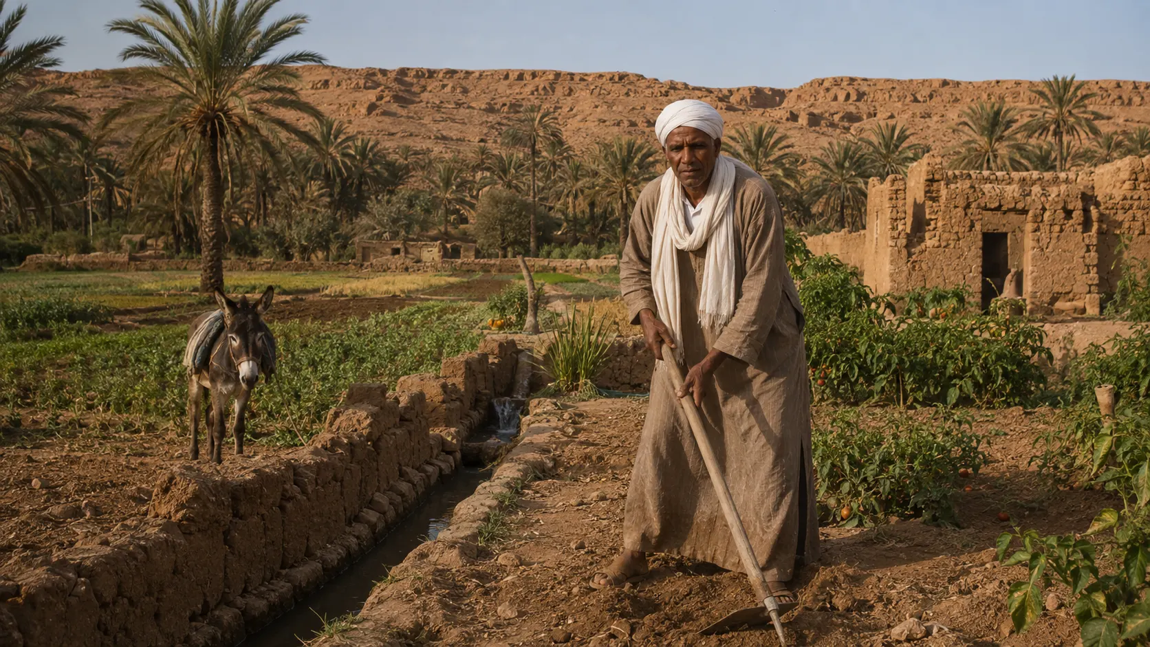 Historical reconstruction of Mohamed ben Touhami cultivating family land in the Ziz Valley near Ksar Meski