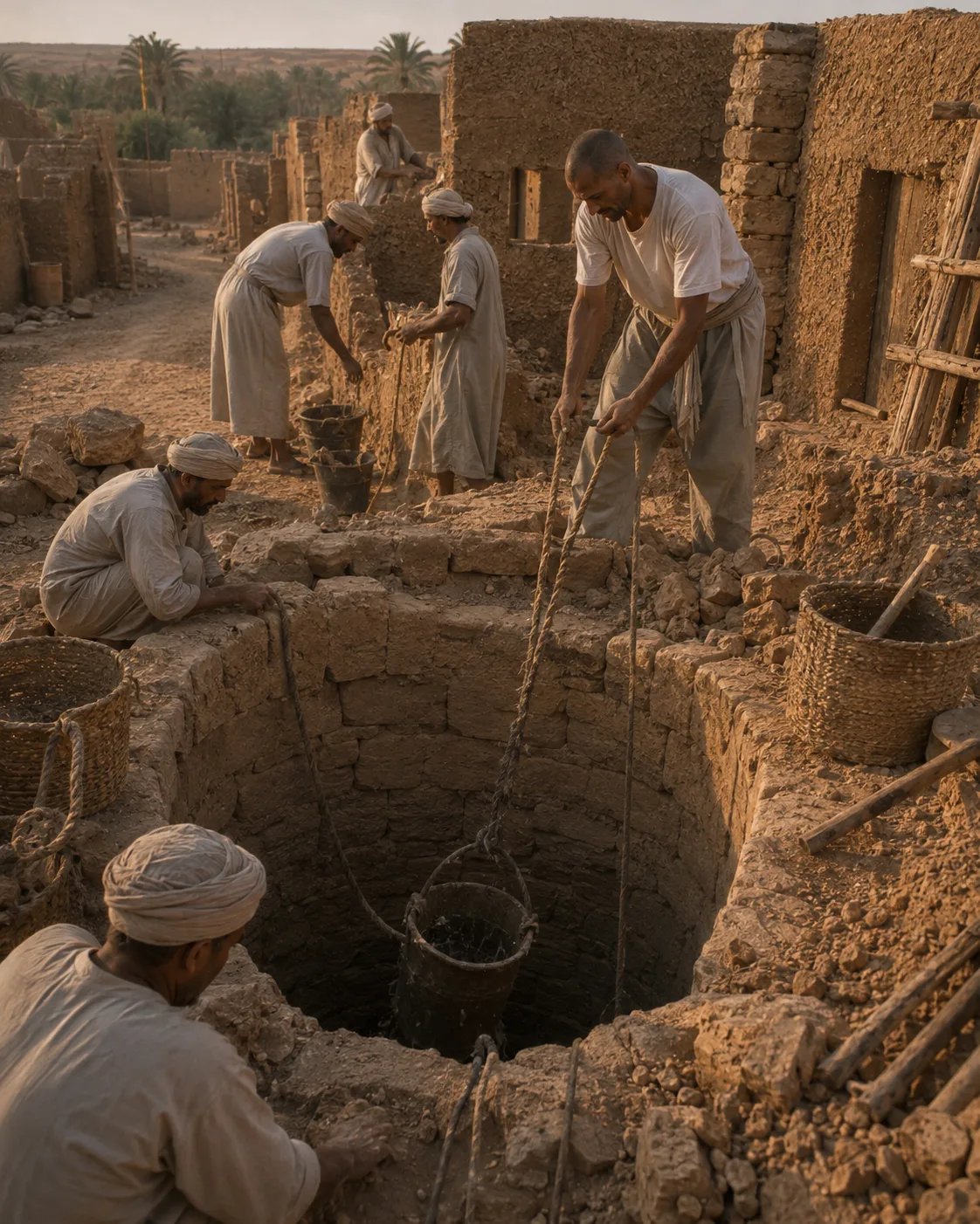 Historical reconstruction of Mohamed ben Touhami and other men digging the deep communal well before the family house
