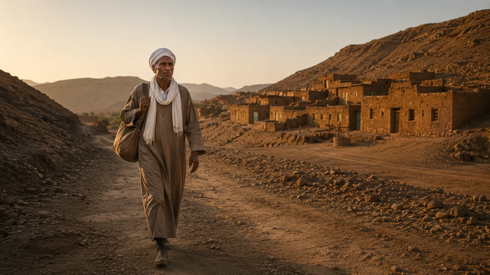 Historical reconstruction of Mohamed ben Touhami leaving the Aouli mining settlement to return permanently to Meski