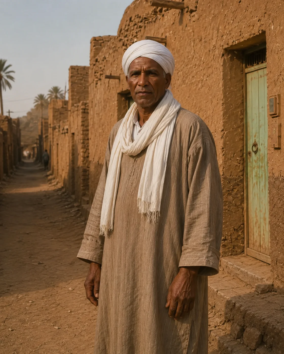 Historical reconstruction of Mohamed ben Touhami, a tall strong man with a shaved head and white rezza