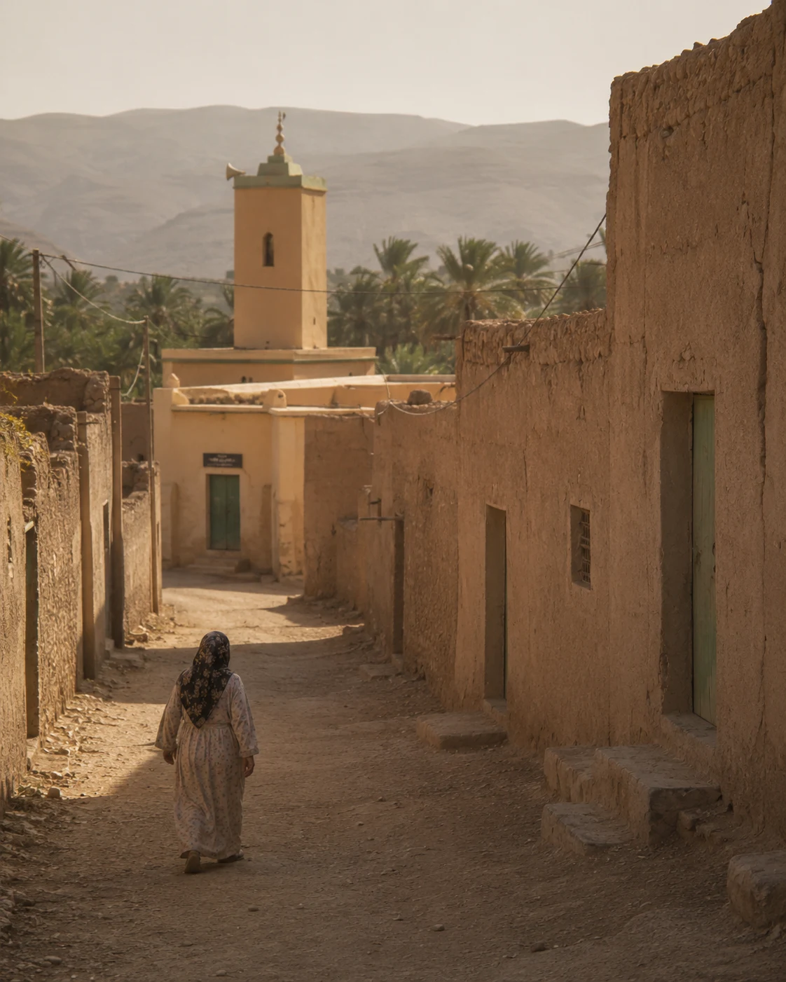 Historical reconstruction of the narrator's grandmother in a long robe and headscarf walking modestly toward the village mosque