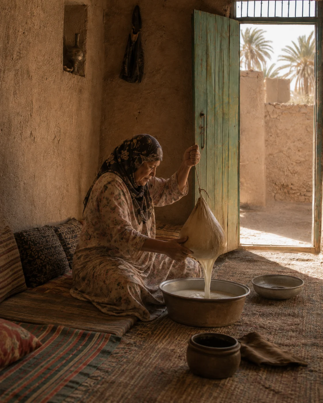 Historical reconstruction of the narrator's grandmother preparing leben in a traditional goatskin container