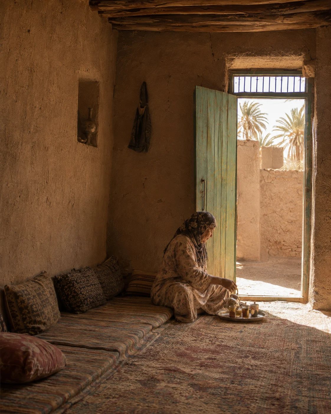 Historical reconstruction of the narrator's grandmother seated just to the right of the small salon door beside her large tea tray