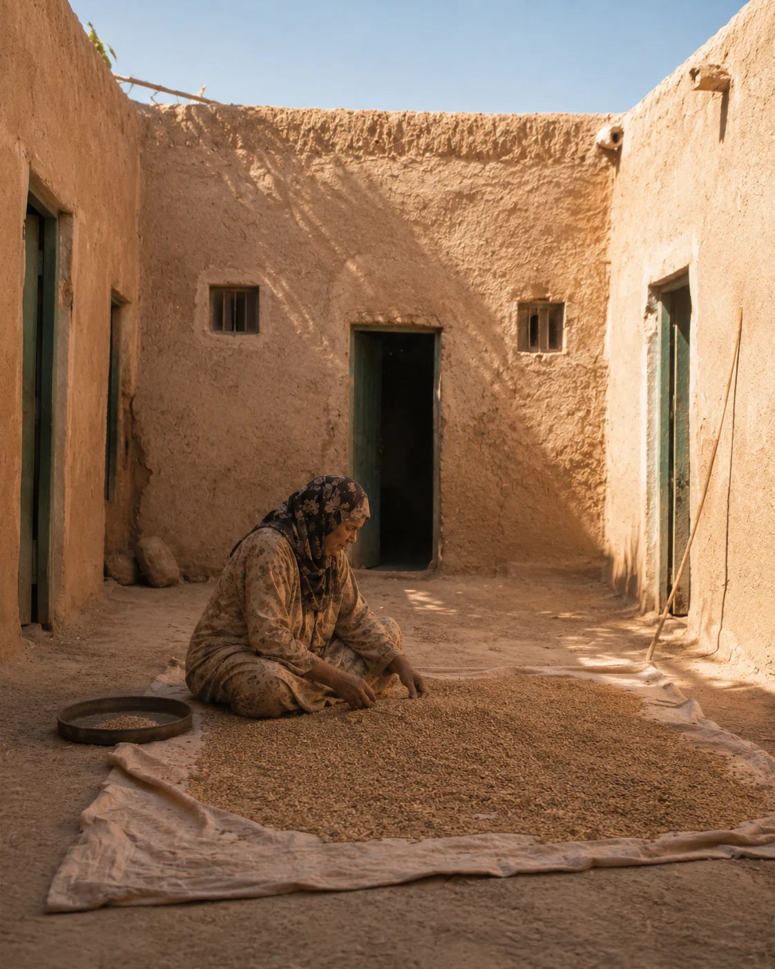 Historical reconstruction of the narrator's grandmother sorting wheat by hand on a large cloth in the open Sariia