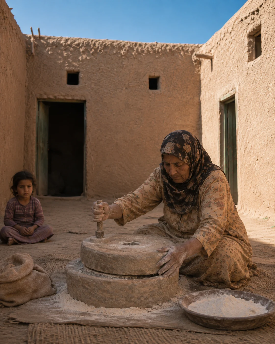 Historical reconstruction of the narrator's grandmother seated on the ground turning an old hand-operated stone mill in the Sariia