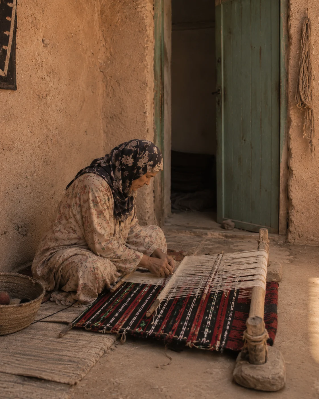 Historical reconstruction of the narrator's grandmother weaving a red, black, white and green carpet before her bedroom door