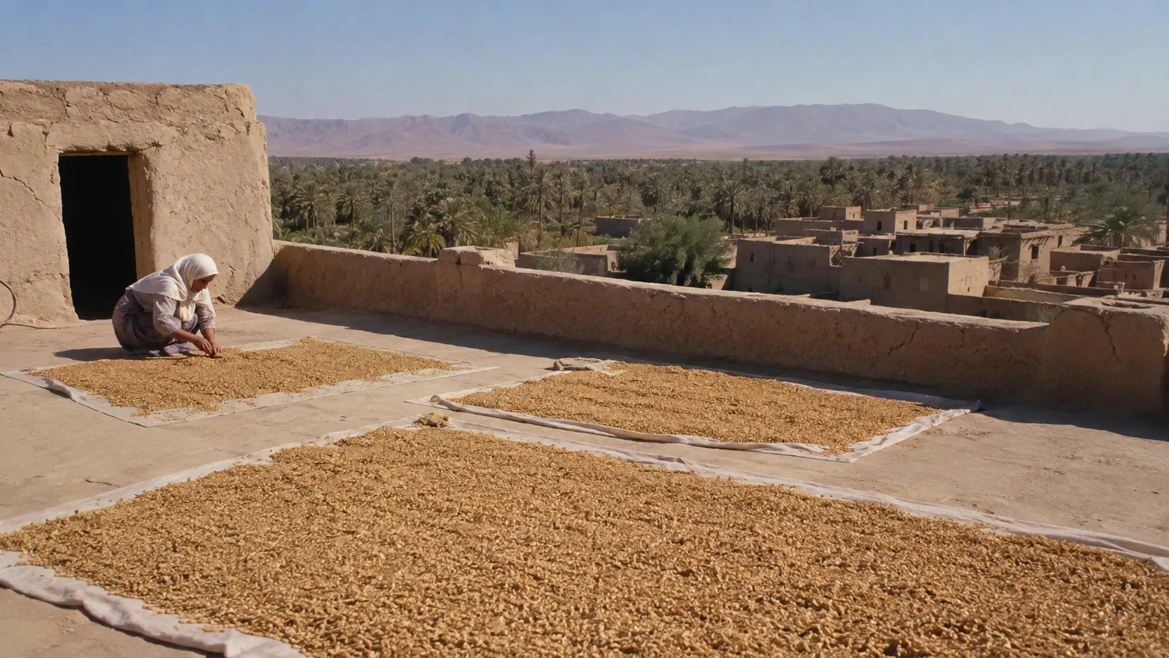 Historical reconstruction of washed wheat drying on the family rooftop beneath the sun