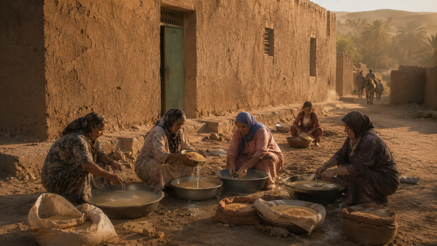 Historical reconstruction of women washing wheat from the family land outside the house in Ksar Meski