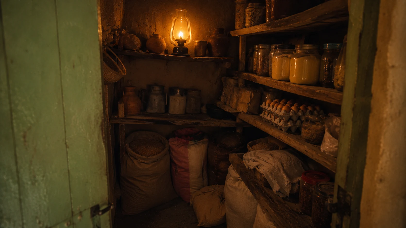 A modest locked family storeroom containing traditional provisions