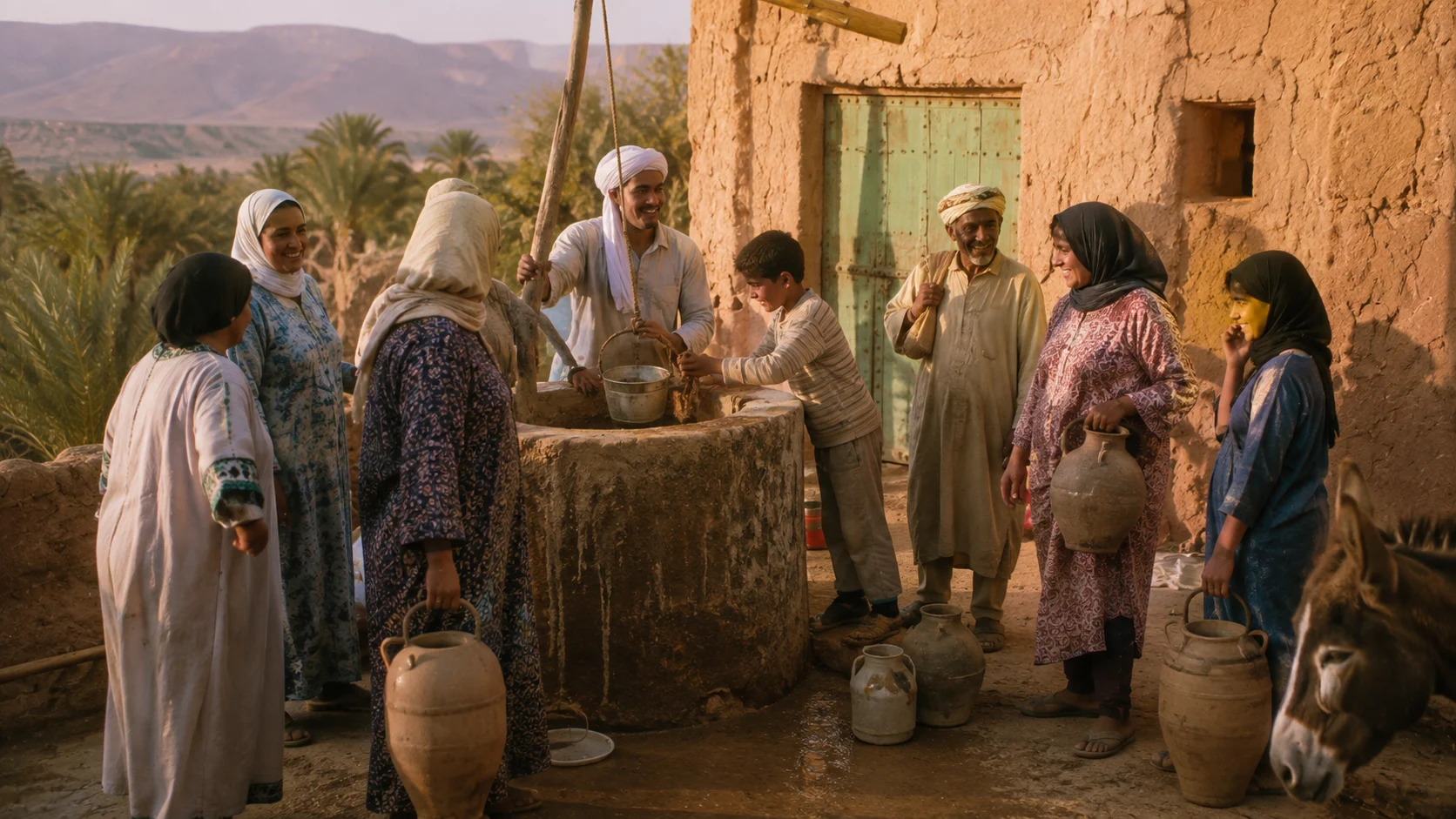 A hand-dug family well in front of an earthen house in Ksar Meski