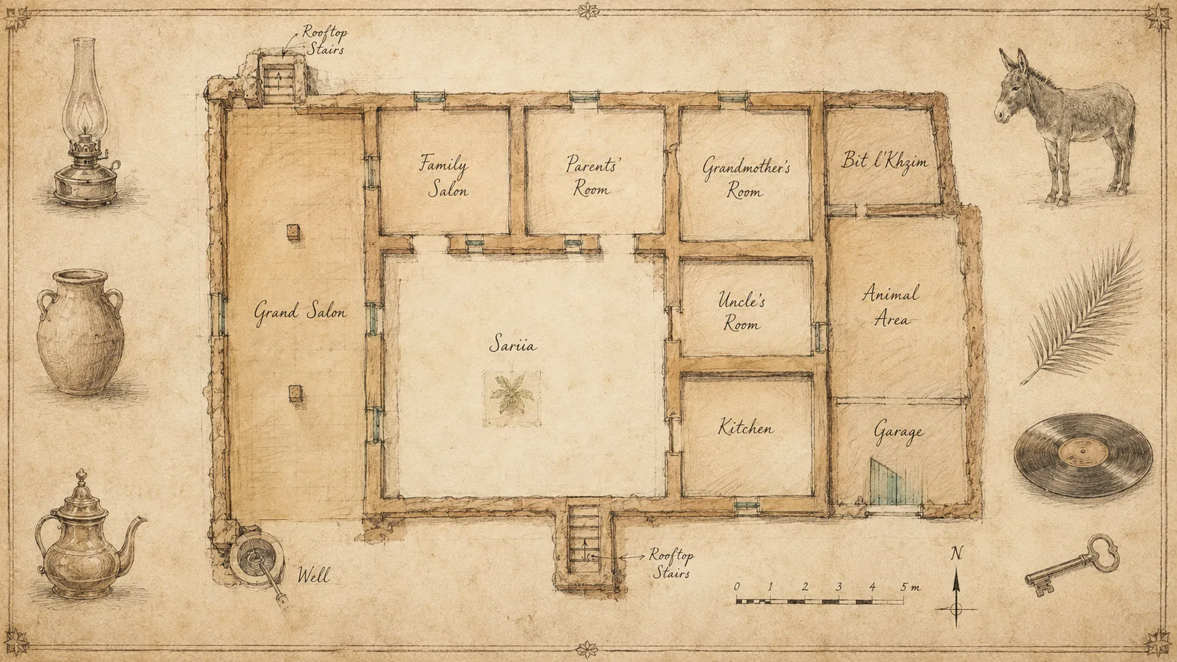 Hand-drawn memory plan of the family house in Ksar Meski