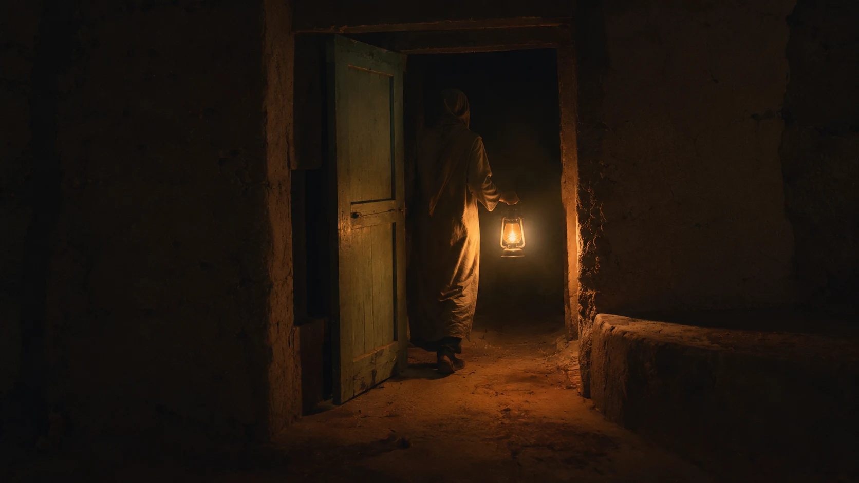 A petroleum lamp being carried through a dark earthen house
