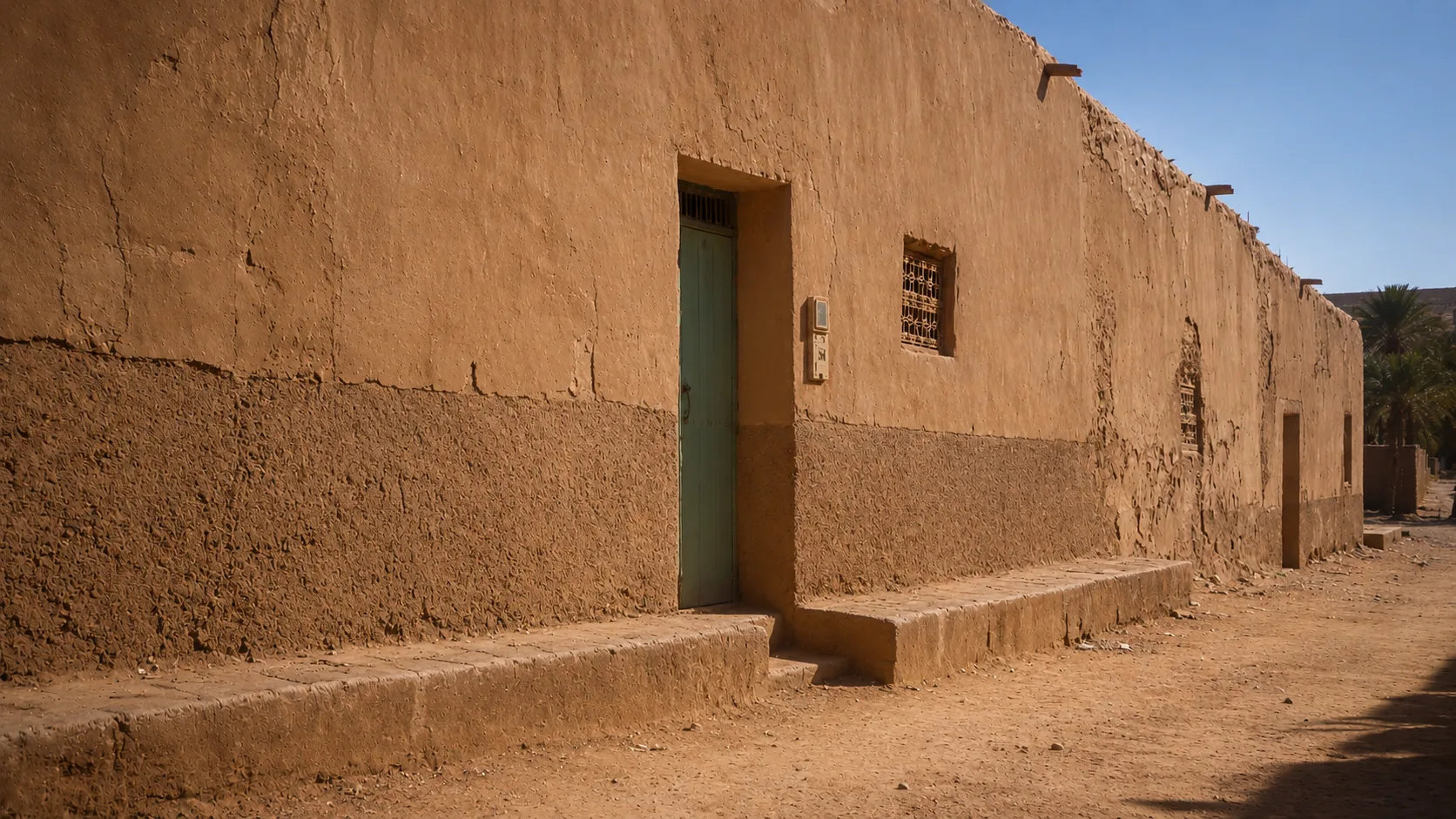 The long earthen facade of the family house with its two pale green doors