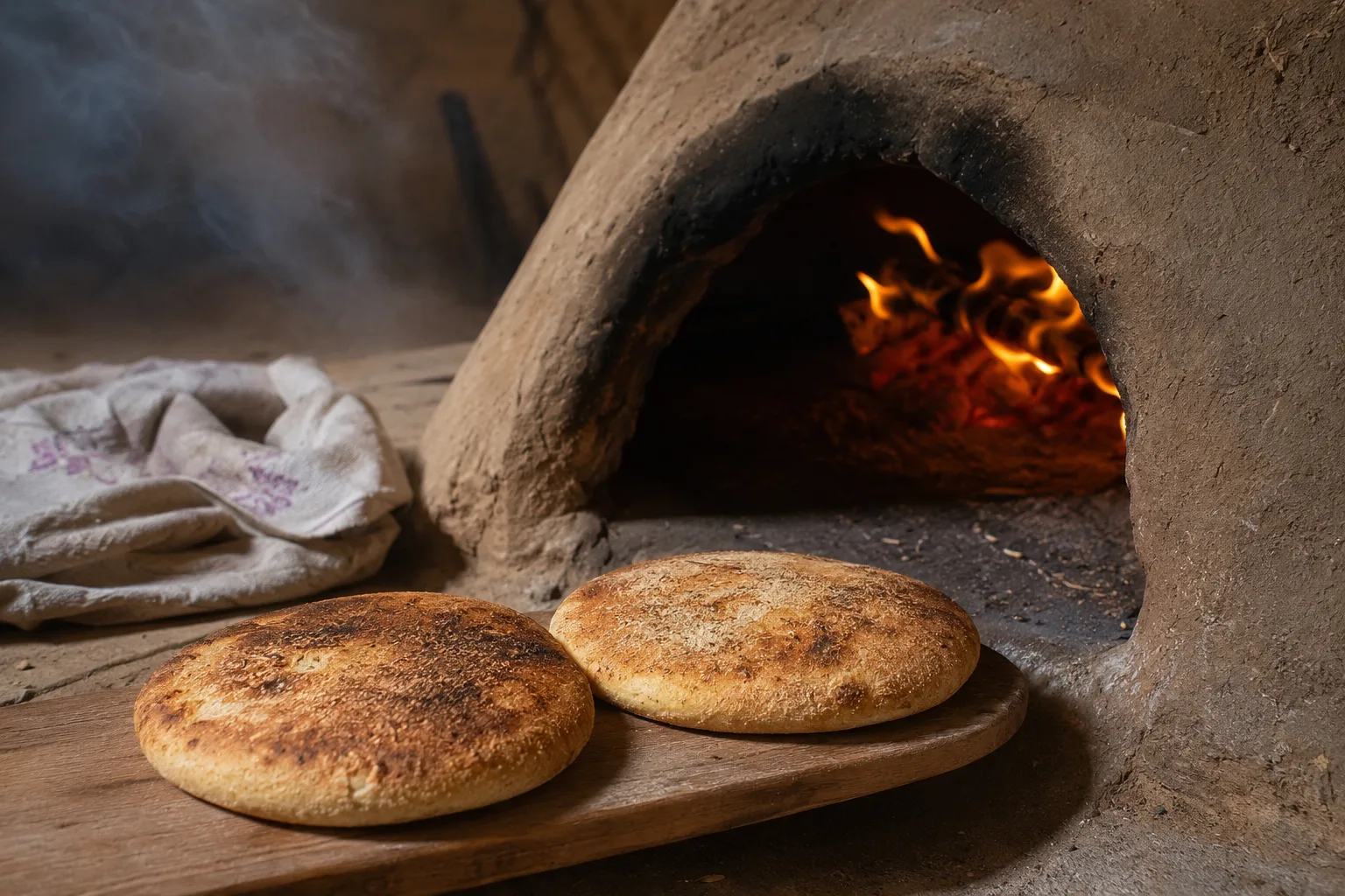 Fresh hot bread just removed from a traditional earthen oven