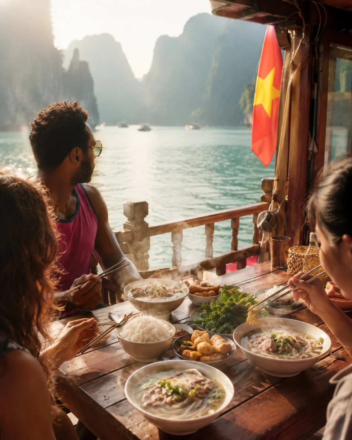Vietnamese breakfast with pho, rice, herbs and chopsticks on a Ha Long Bay boat
