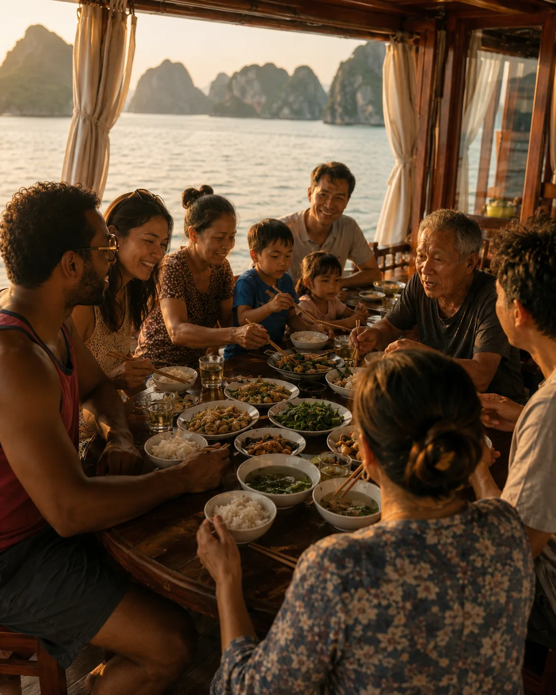 Large Vietnamese family sharing dinner with two guests on a boat in Ha Long Bay