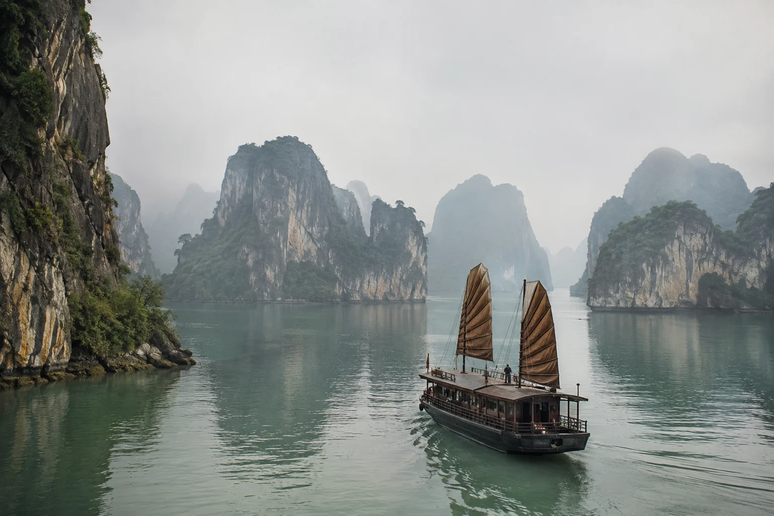 Boat travelling through the limestone islands of Ha Long Bay