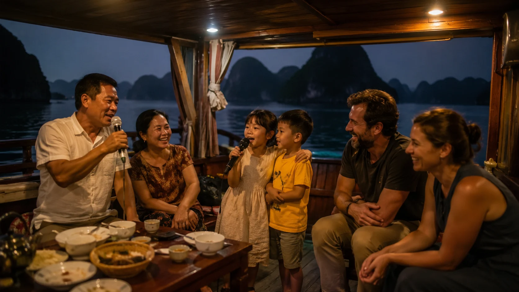 Warm family karaoke evening aboard a boat in Ha Long Bay