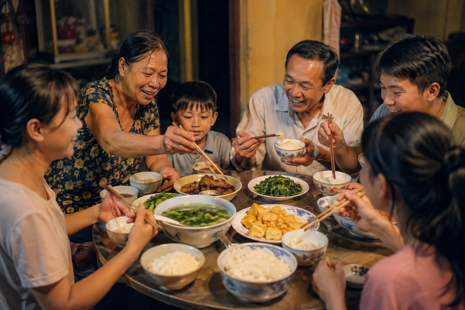 Vietnamese family meal with rice, soup, vegetables, chopsticks and shared dishes
