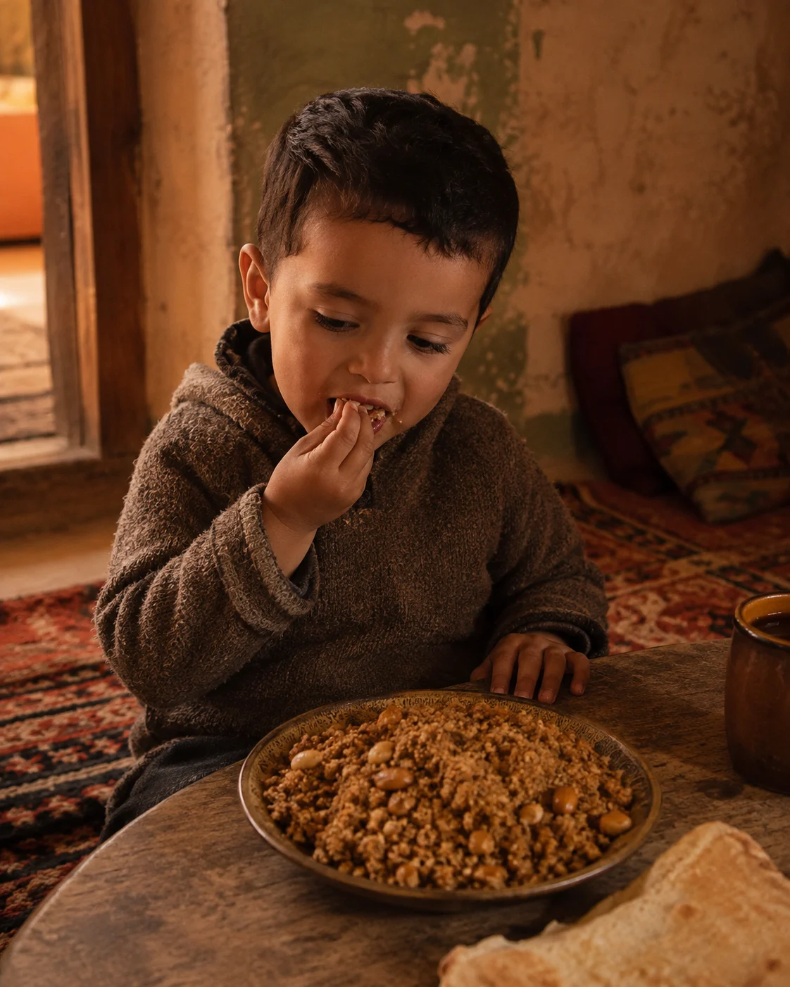A child eating dry crumbly zamita by hand from a simple plate
