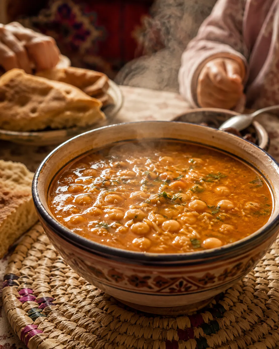 A bowl of harira with plenty of chickpeas at the bottom
