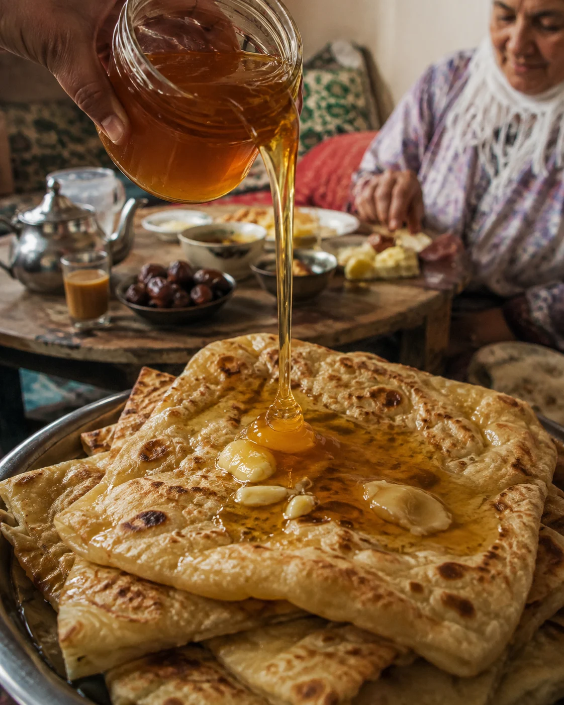 Honey being poured generously over hot bread