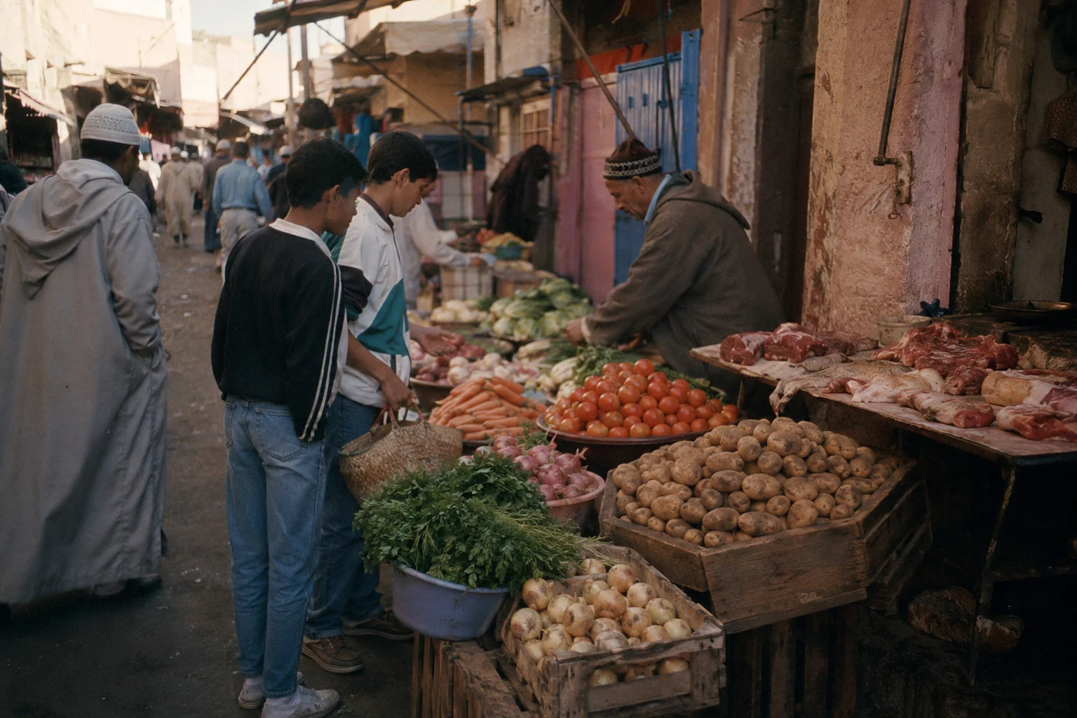 Vegetables in a Moroccan souk, recalling the shopping for the narrator's first tajine