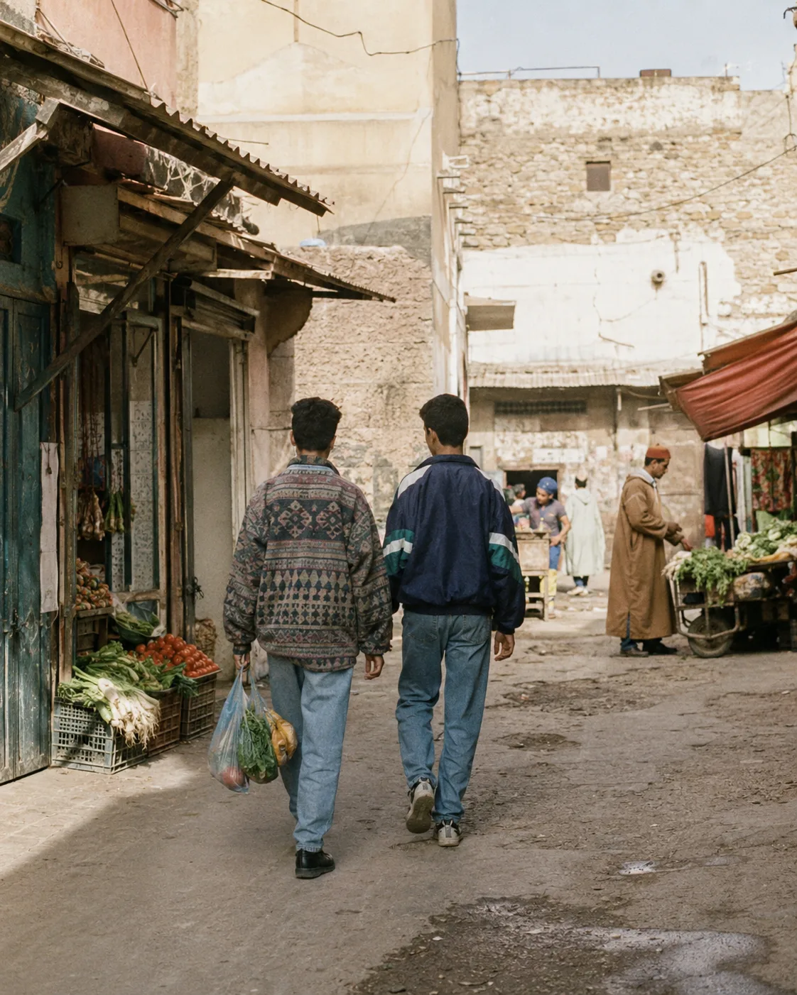 Two young people walking through a Moroccan souk
