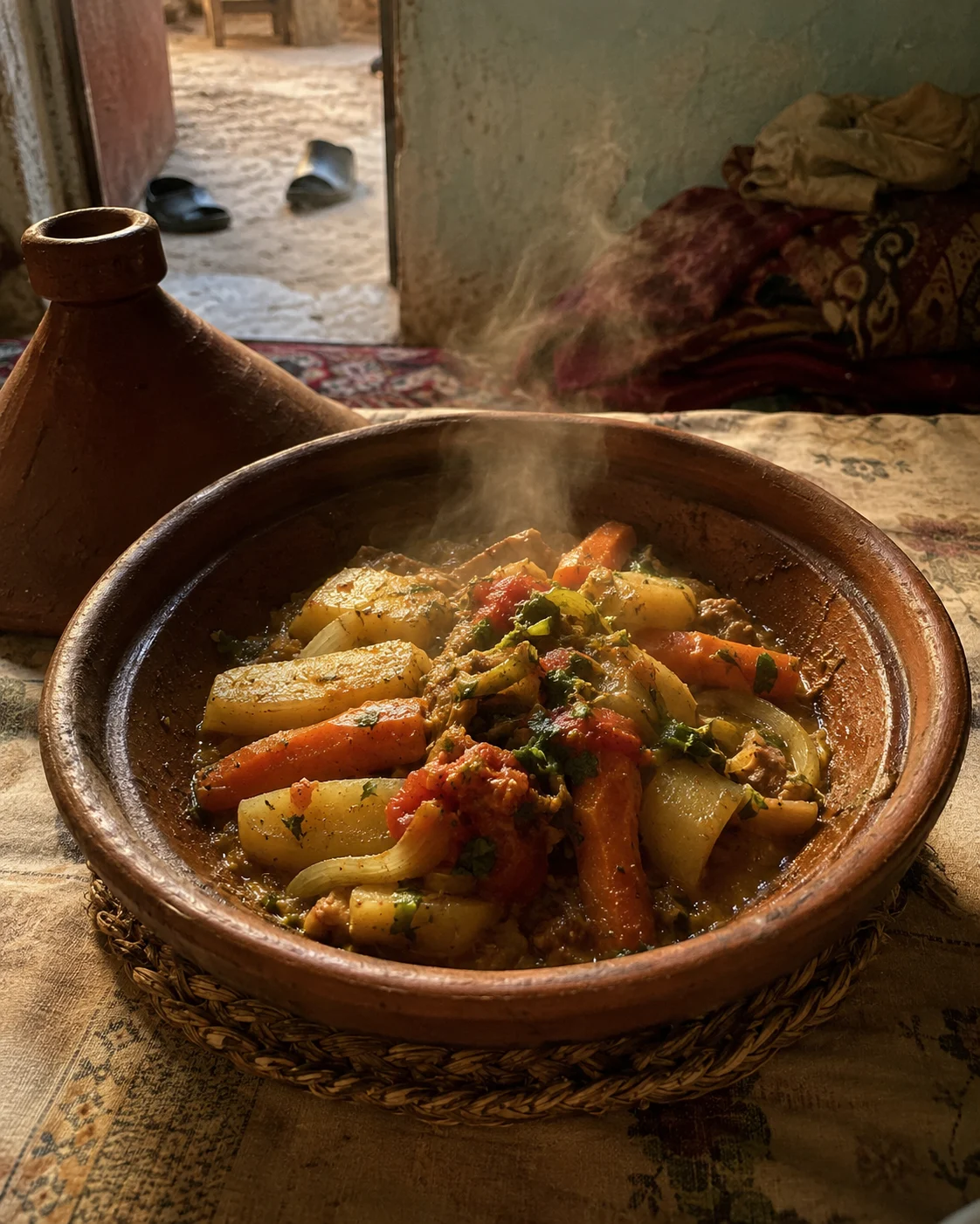 A tajine cooking slowly with steam rising from the dish