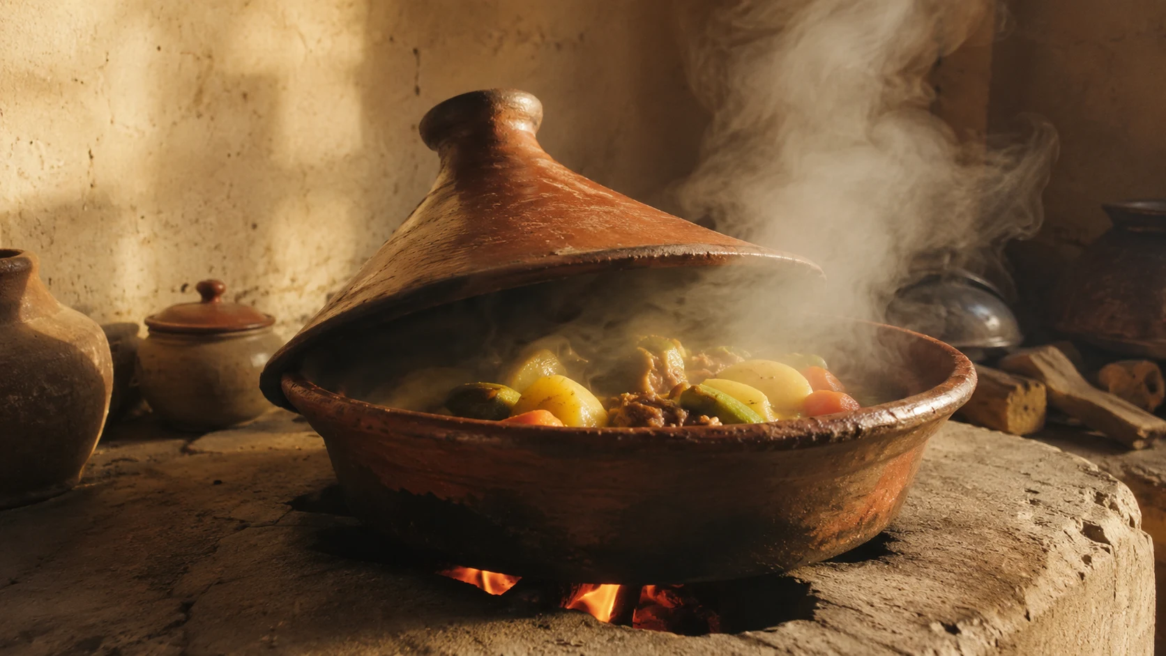 A small tajine steaming after slow cooking