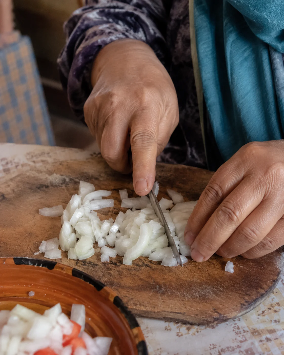 Onions being cut simply by hand