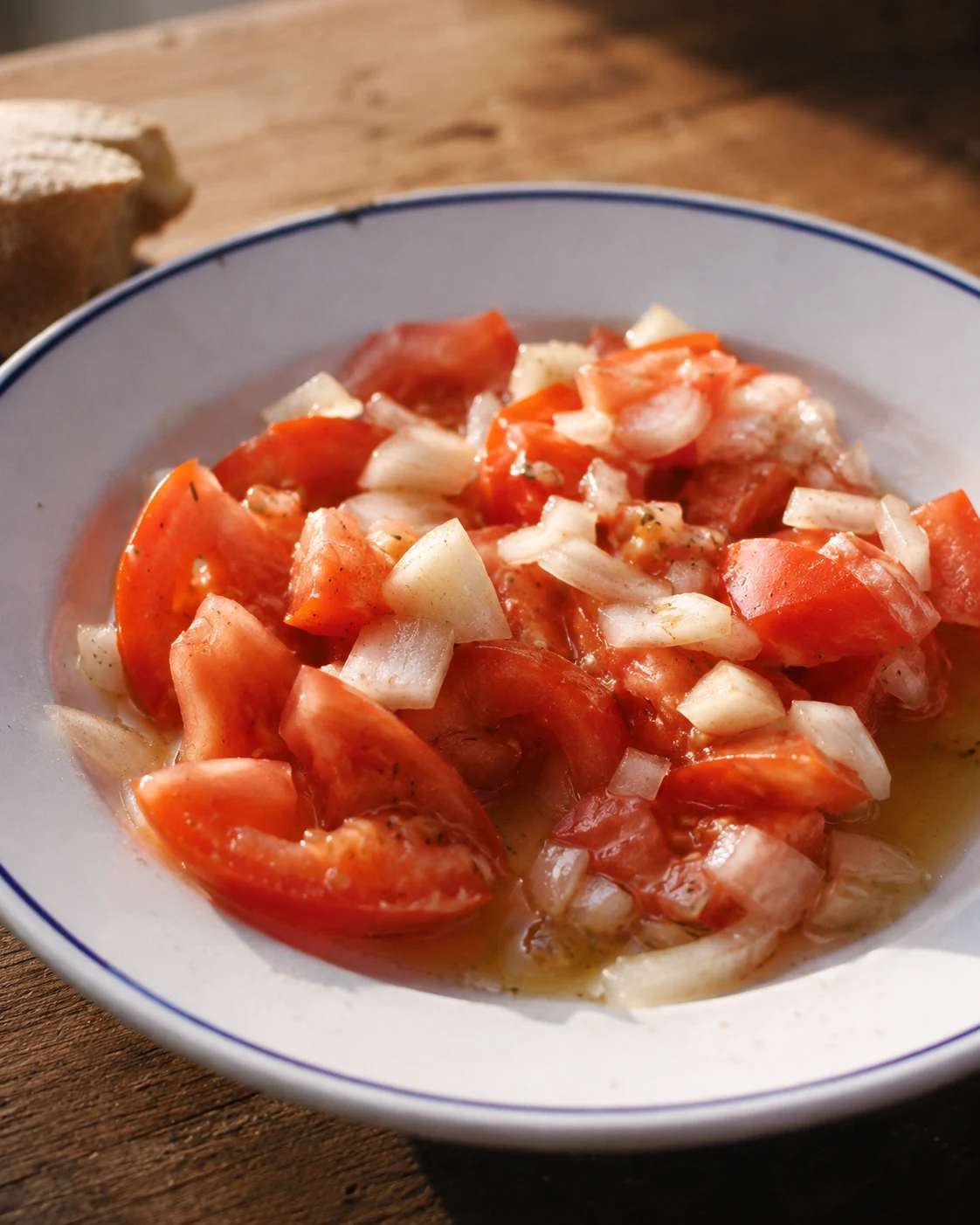 Close view of the simple tomato and onion salad remembered from childhood