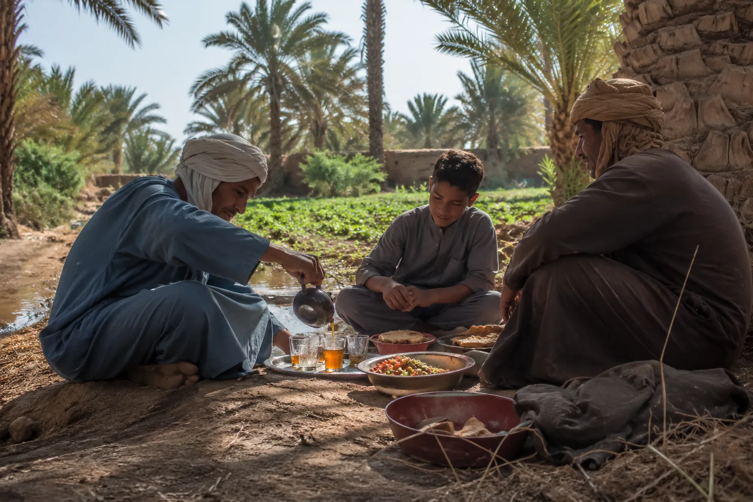 Tea shared simply among the palms in the Meski oasis