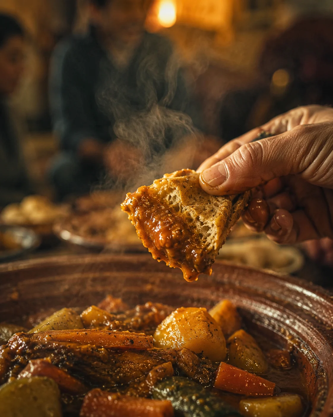 Close view of fingers touching bread, sauce and spices during a shared meal
