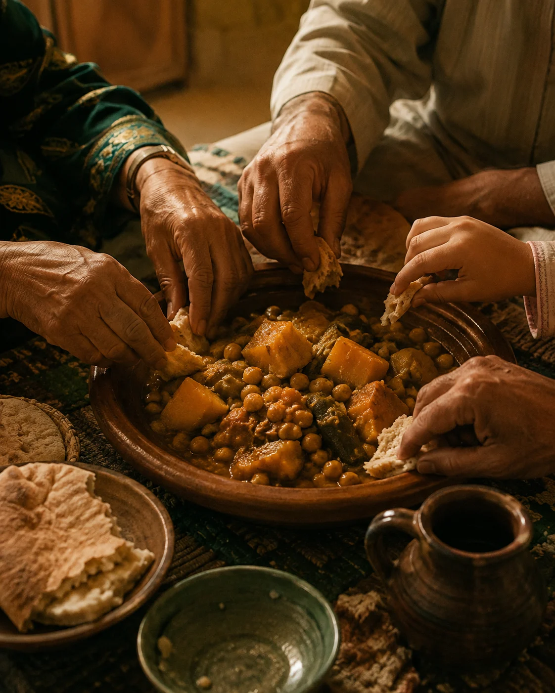 Family hands gathered naturally around a shared Moroccan meal