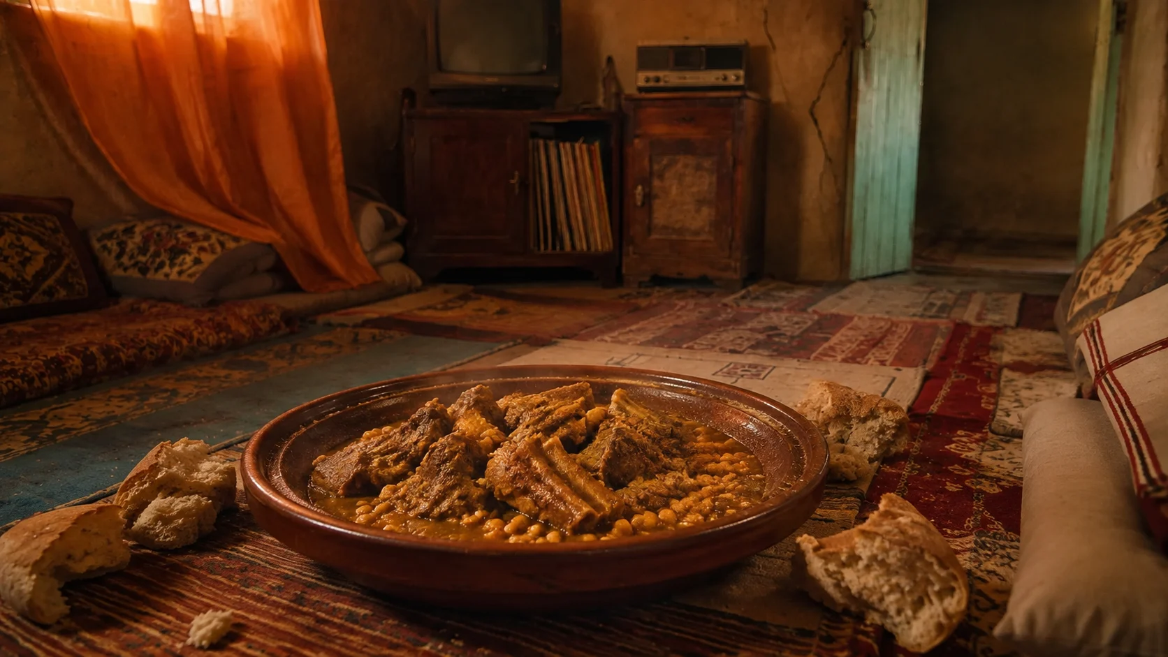 Close documentary food photograph of the Moroccan douez served in one large shared dish with homemade bread