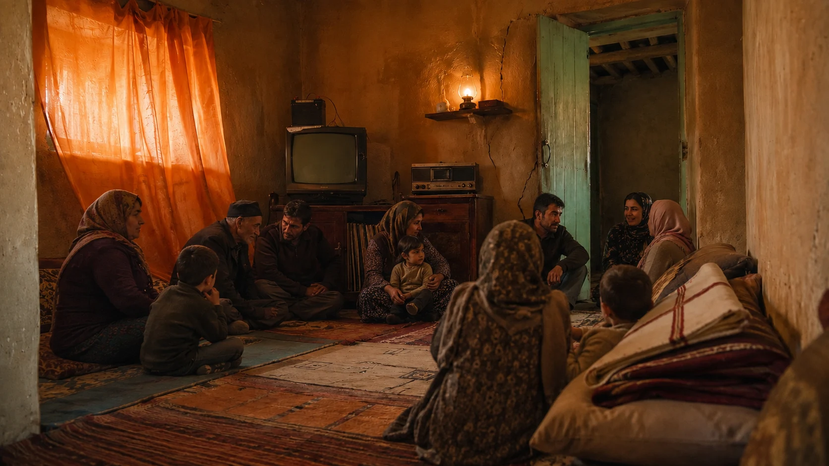 Restrained documentary reconstruction of family conversations dividing into small groups after the shared dinner