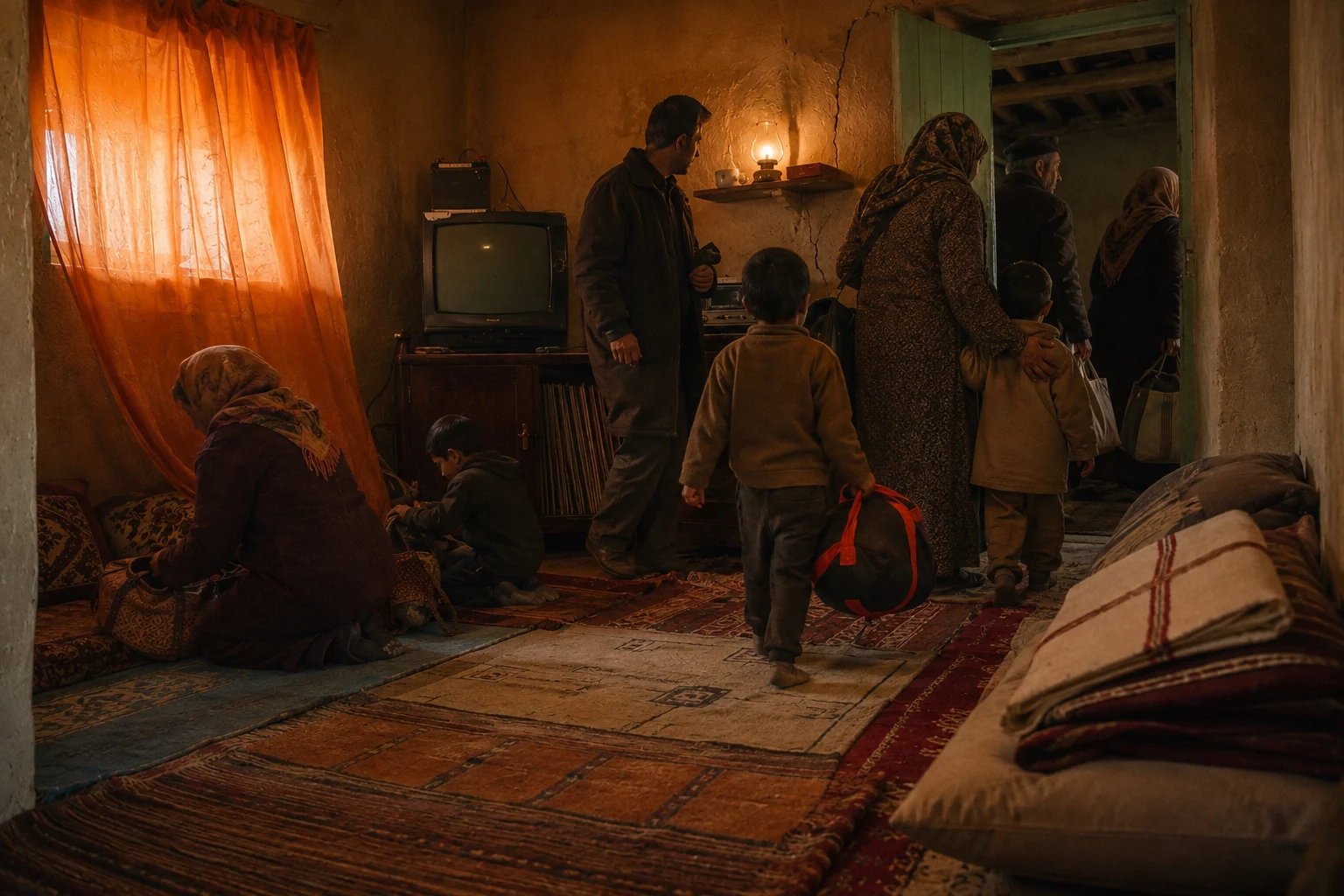 Quiet documentary reconstruction of relatives and children leaving the small salon soon after the dinner