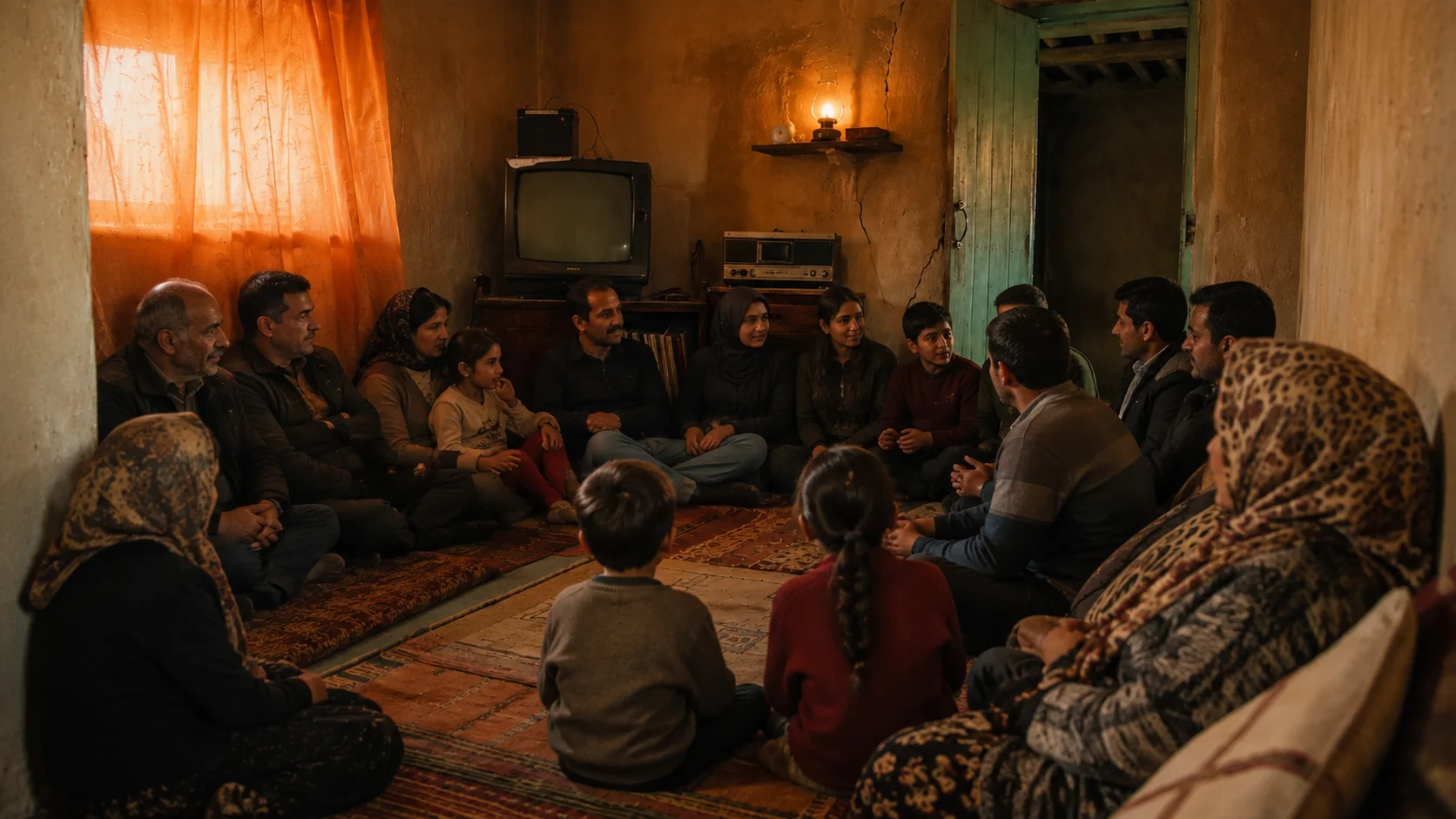 Documentary reconstruction of several generations of the family seated together on carpets and cushions in the small salon
