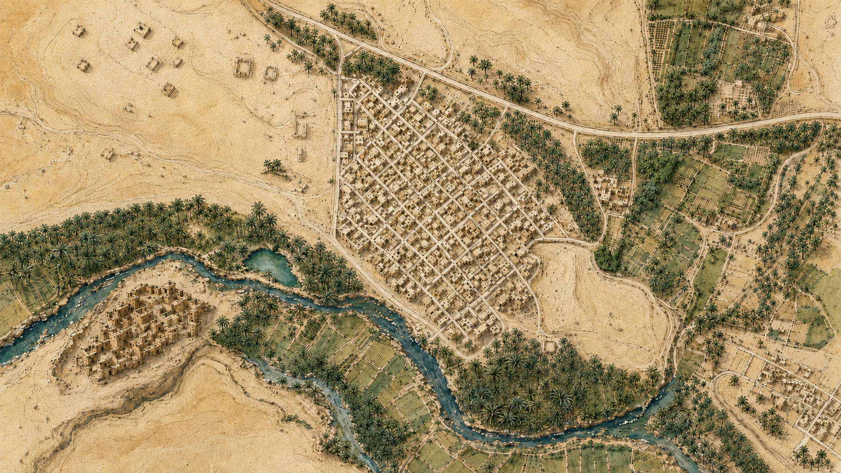 Illustrated map of Ksar Meski, the old ksar, the oued and the surrounding oasis