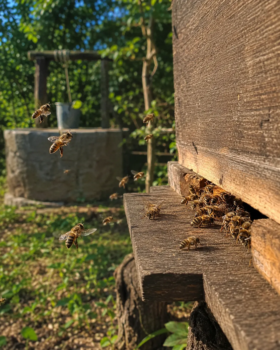 Bees moving around a hive in the family garden